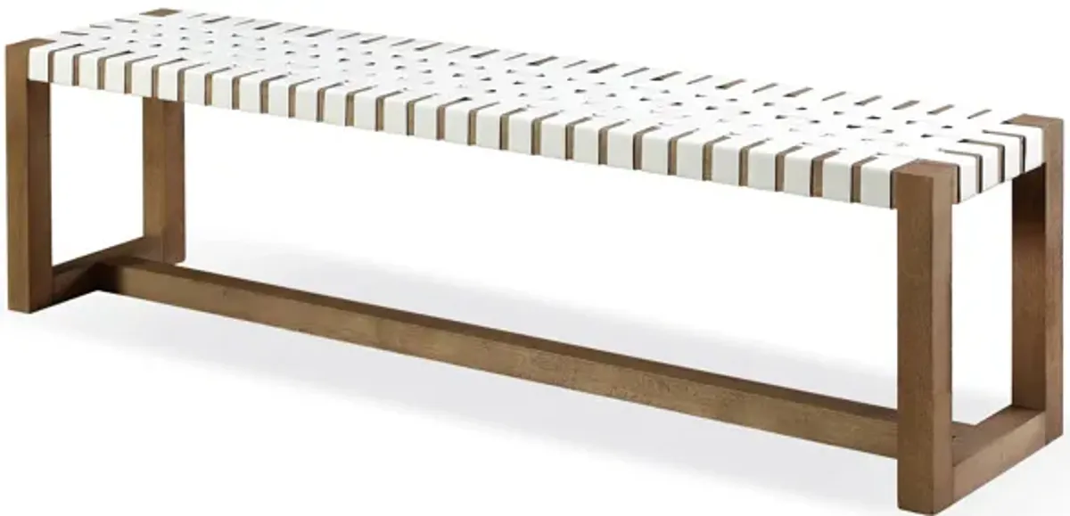 One Woven Leather and Solid Wood Dining Bench in White and Bisque