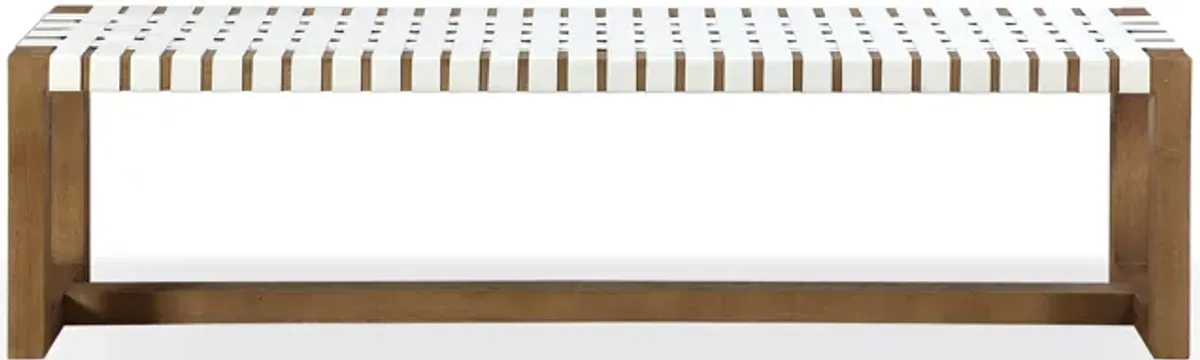 One Woven Leather and Solid Wood Dining Bench in White and Bisque