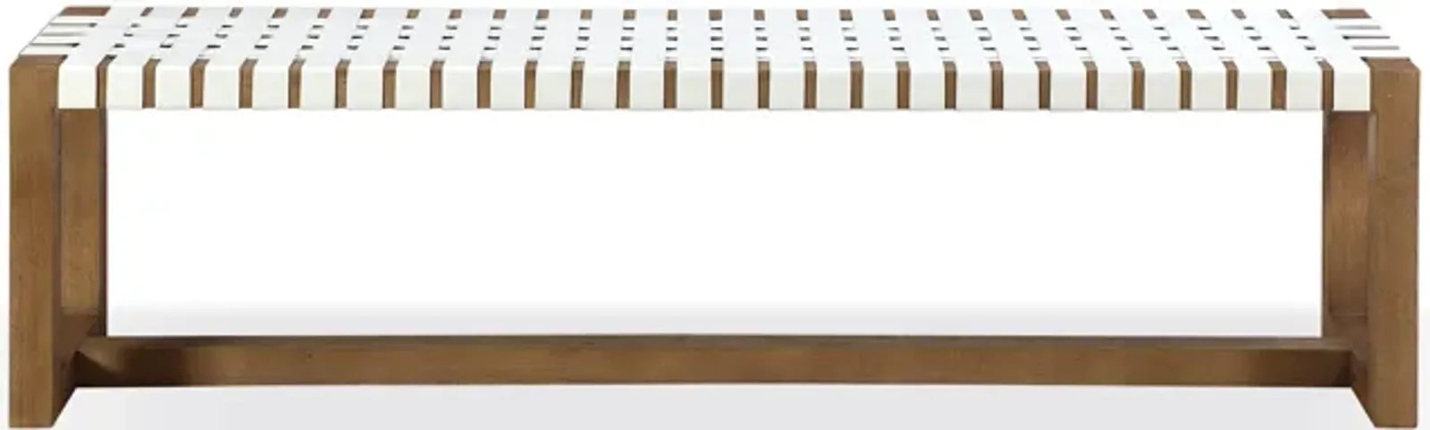 One Woven Leather and Solid Wood Dining Bench in White and Bisque