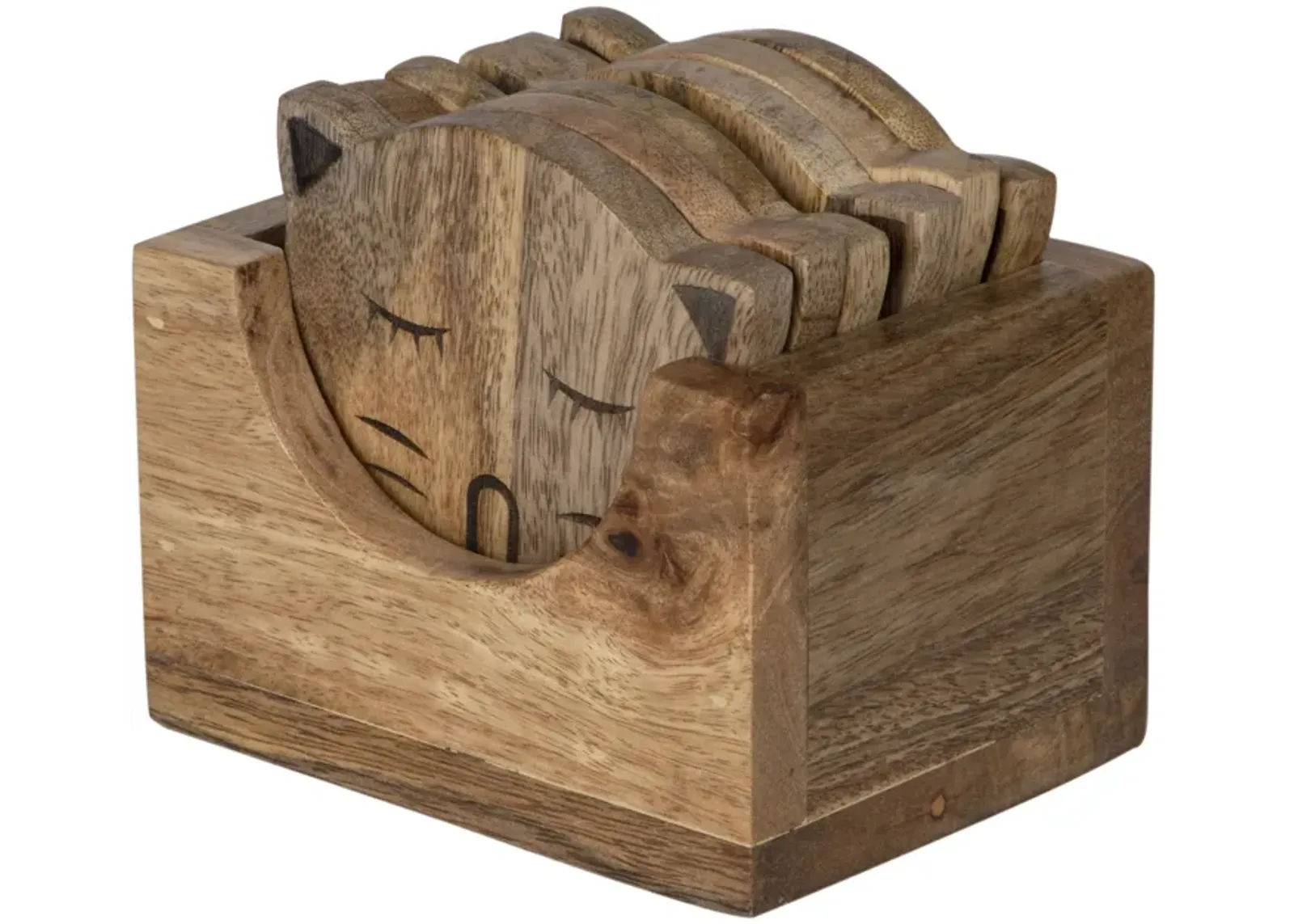 Wood, S/6  Cat Face Coasters W/ Stand,natural