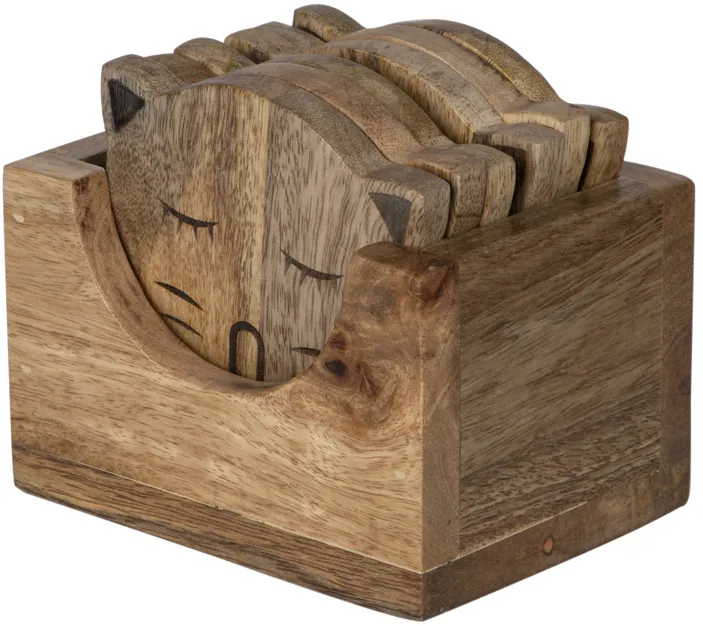 Wood, S/6  Cat Face Coasters W/ Stand,natural