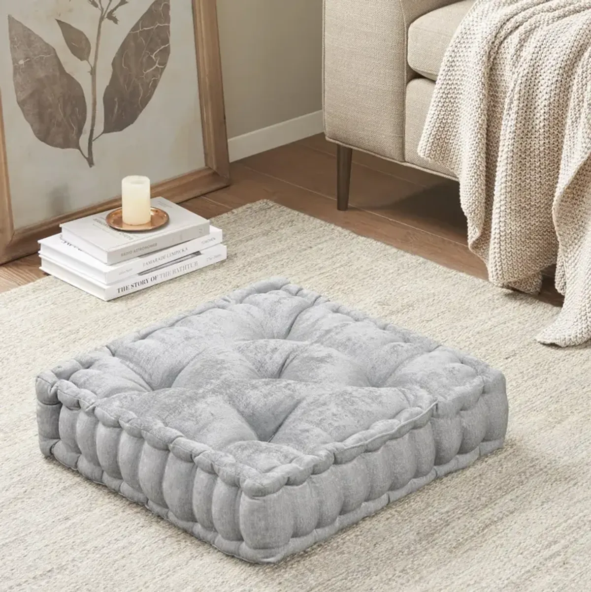 Intelligent Design Azza Grey Poly Chenille Square Floor Pillow Cushion