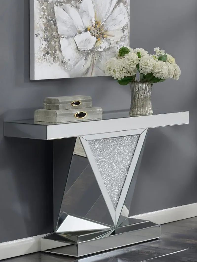 Amore Rectangular Sofa Table with Triangle Detailing Silver and Clear Mirror