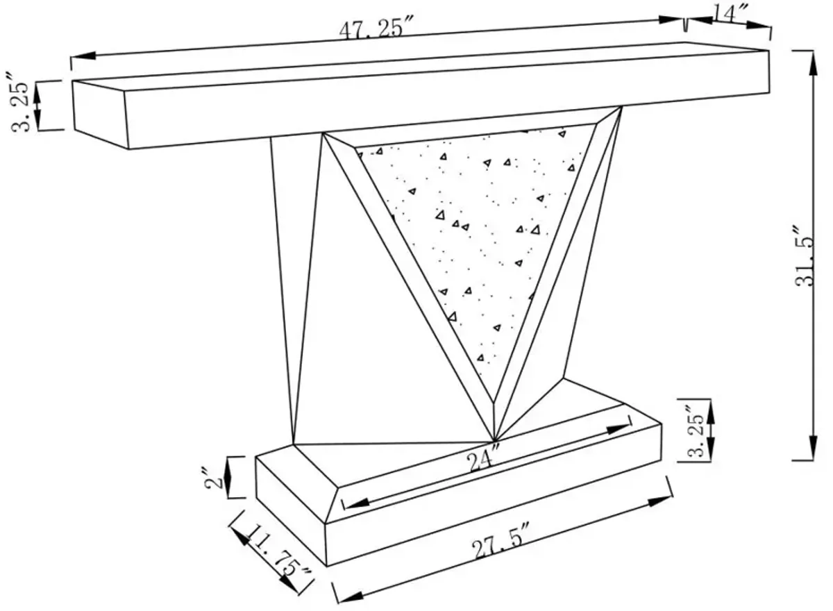 Amore Rectangular Sofa Table with Triangle Detailing Silver and Clear Mirror