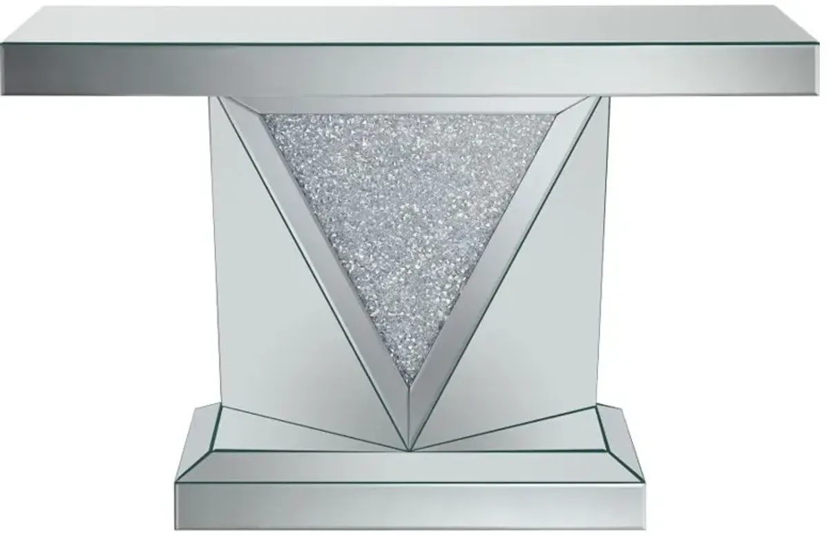 Amore Rectangular Sofa Table with Triangle Detailing Silver and Clear Mirror