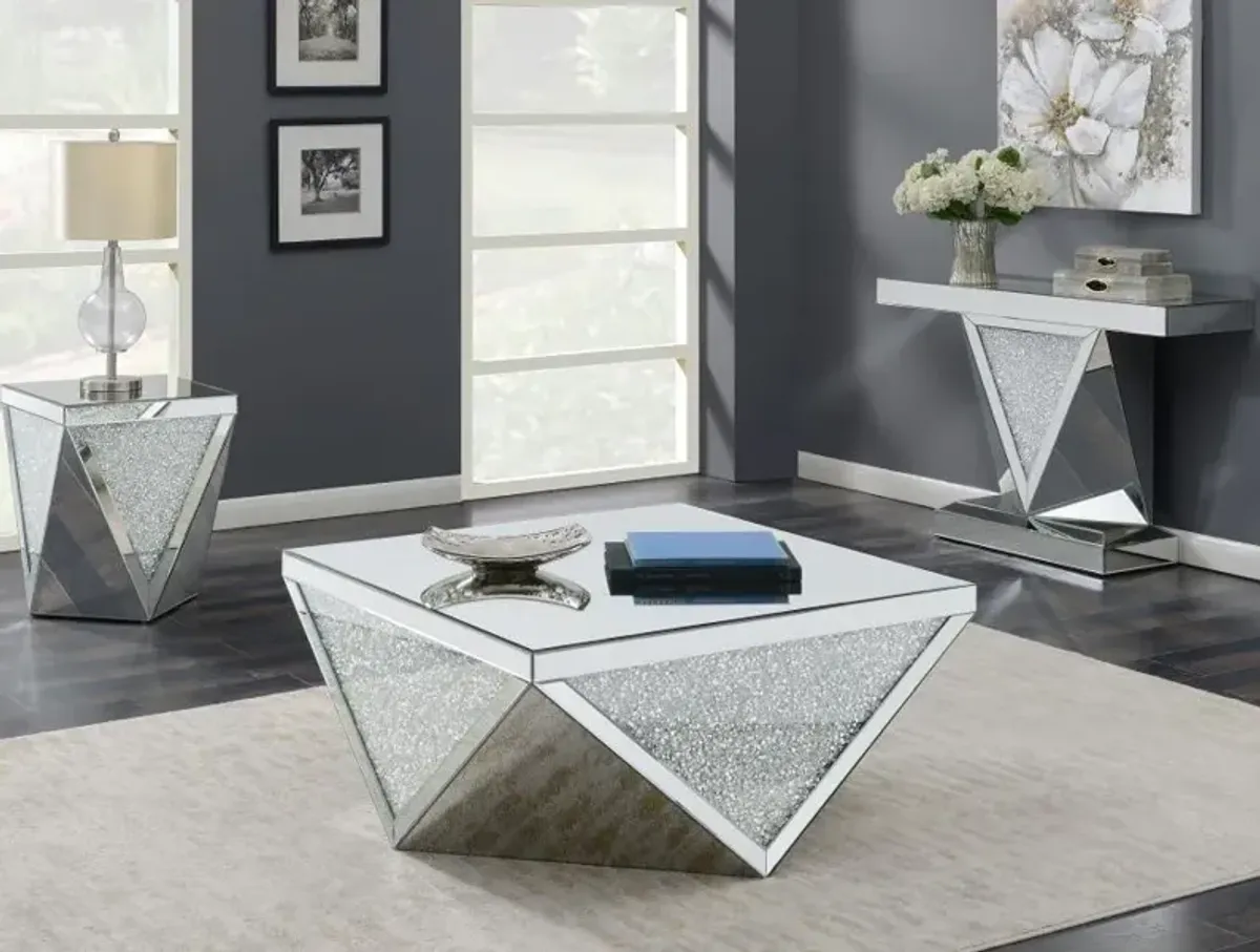 Amore Rectangular Sofa Table with Triangle Detailing Silver and Clear Mirror