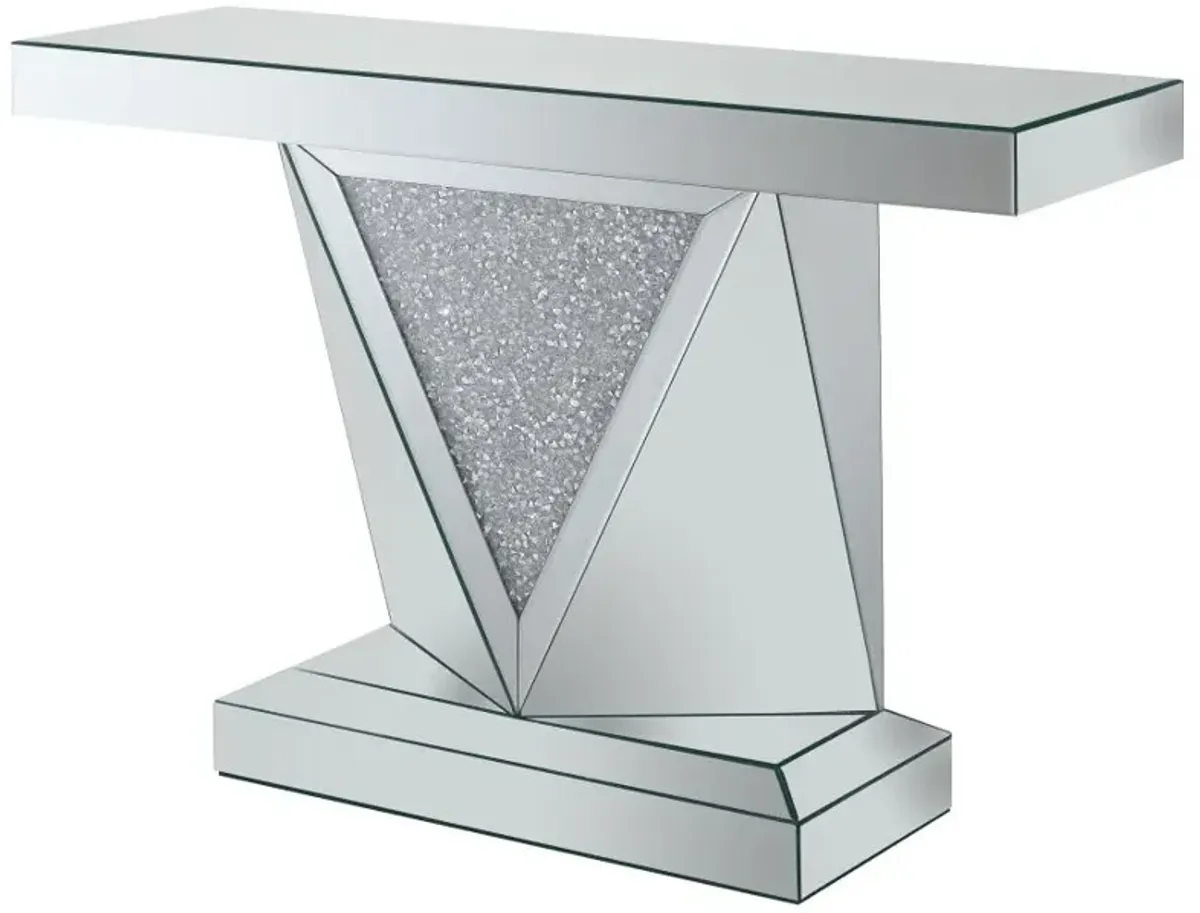 Amore Rectangular Sofa Table with Triangle Detailing Silver and Clear Mirror