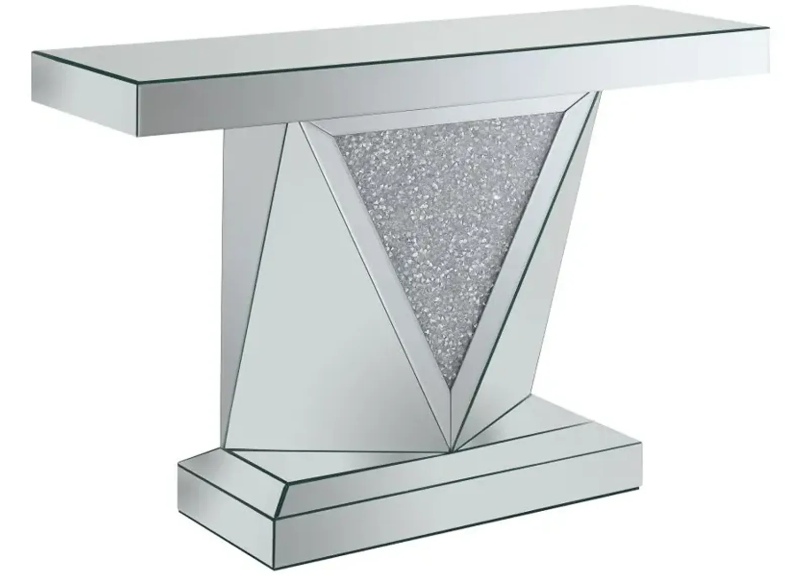 Amore Rectangular Sofa Table with Triangle Detailing Silver and Clear Mirror