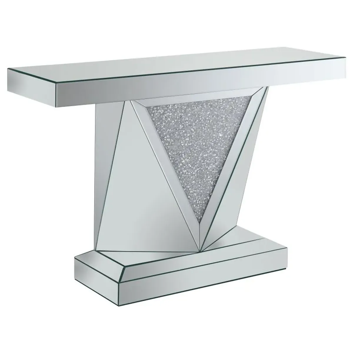 Amore Rectangular Sofa Table with Triangle Detailing Silver and Clear Mirror