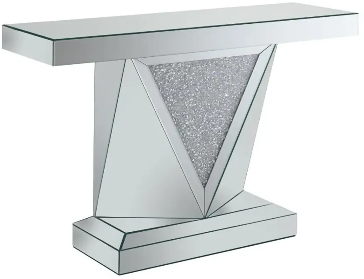 Amore Rectangular Sofa Table with Triangle Detailing Silver and Clear Mirror