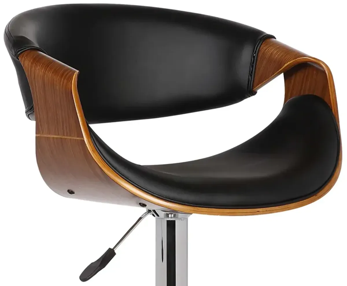 Butterfly Adjustable Height Swivel Black Faux Leather and Walnut Wood Bar Stool with Chrome Base 