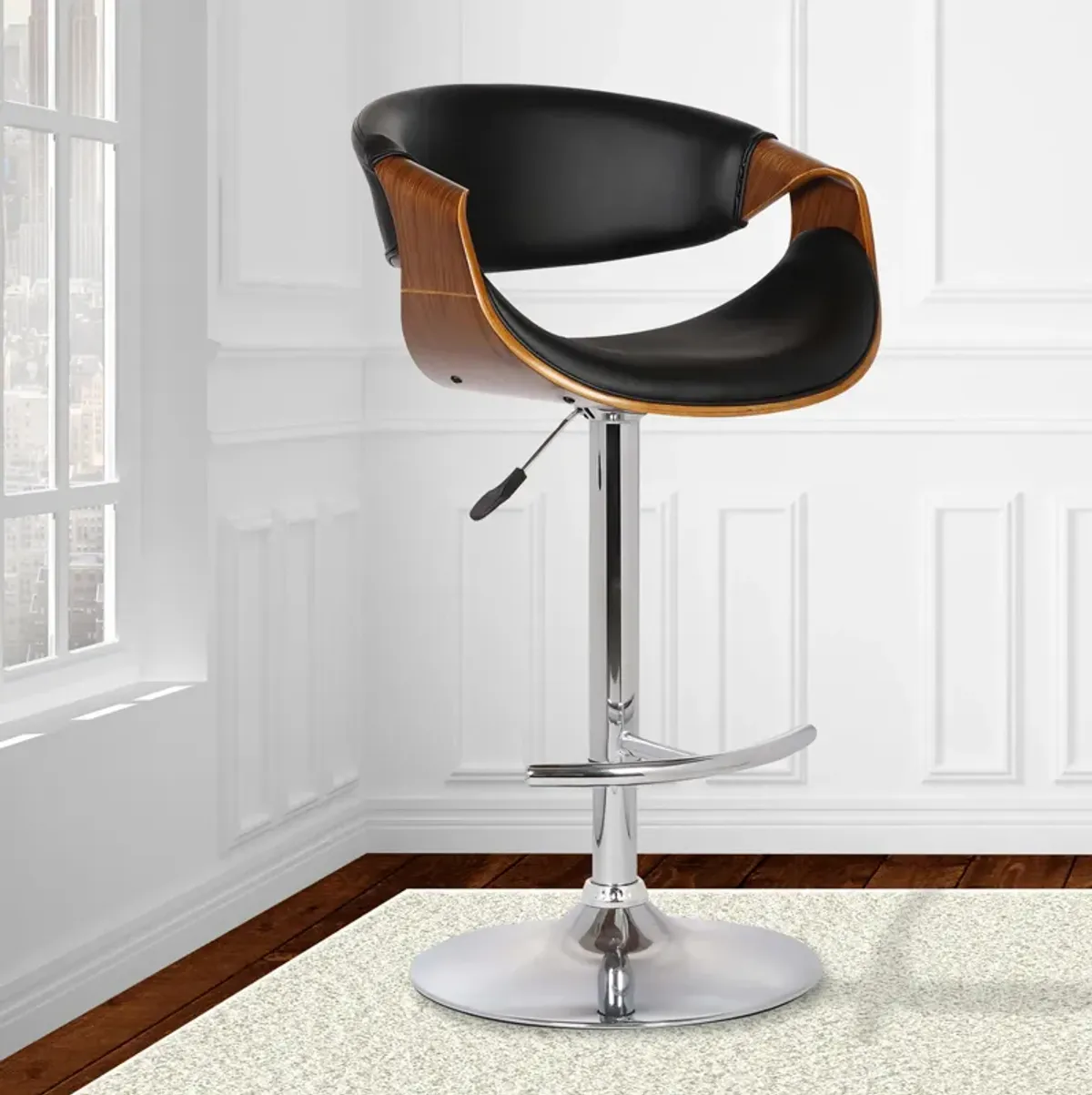 Butterfly Adjustable Height Swivel Black Faux Leather and Walnut Wood Bar Stool with Chrome Base 