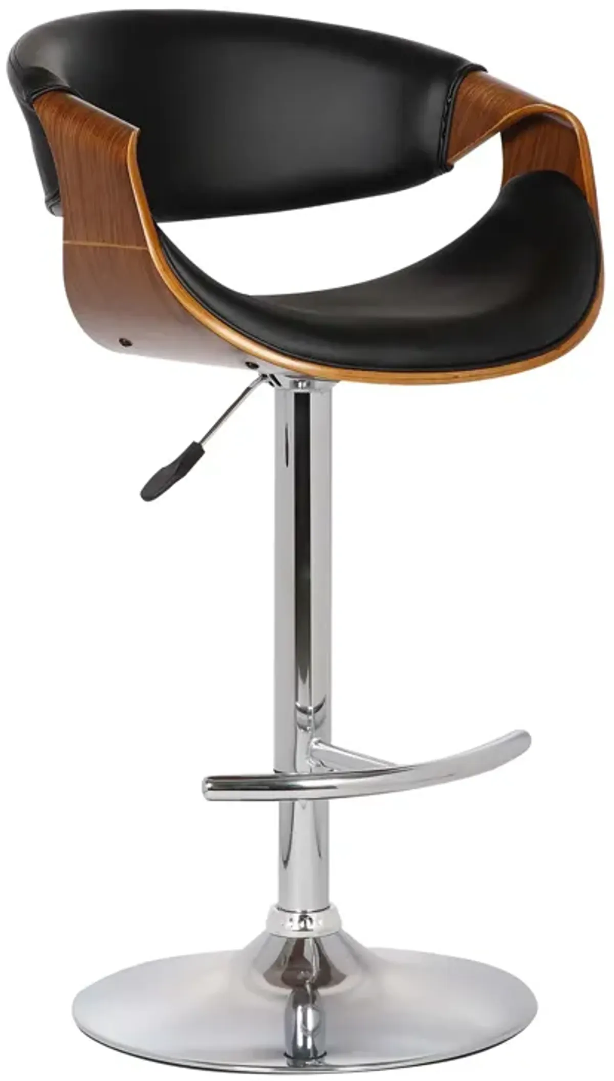 Butterfly Adjustable Height Swivel Black Faux Leather and Walnut Wood Bar Stool with Chrome Base 