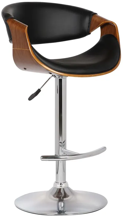 Butterfly Adjustable Height Swivel Black Faux Leather and Walnut Wood Bar Stool with Chrome Base 