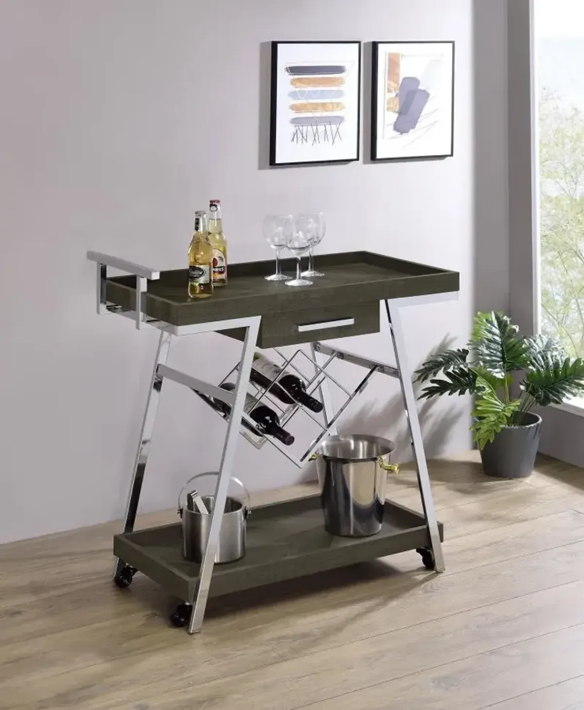 Kinney 2-tier Bar Cart with Storage Drawer Rustic Grey and Chrome