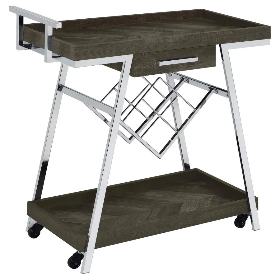 Kinney 2-tier Bar Cart with Storage Drawer Rustic Grey and Chrome