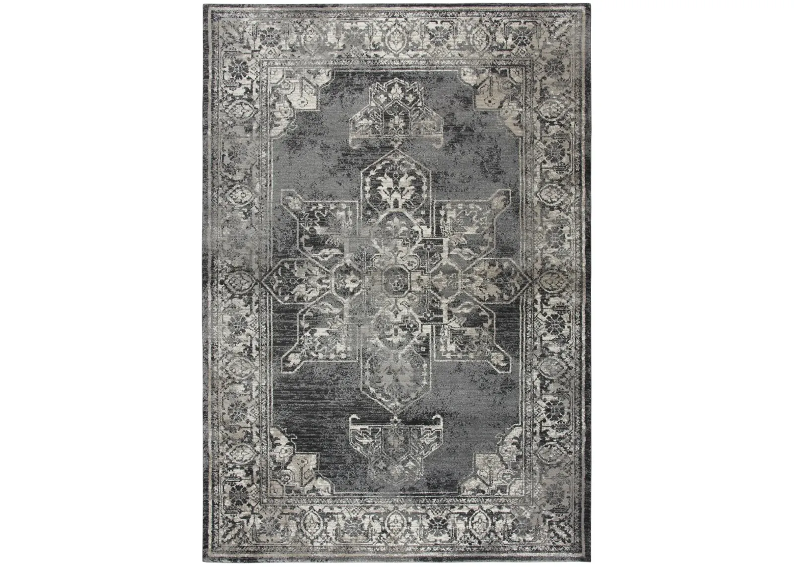 Panache Gray/Black Central Medallion Distress  Polypropylene 5'3" x 7'6" Rectangle Rug