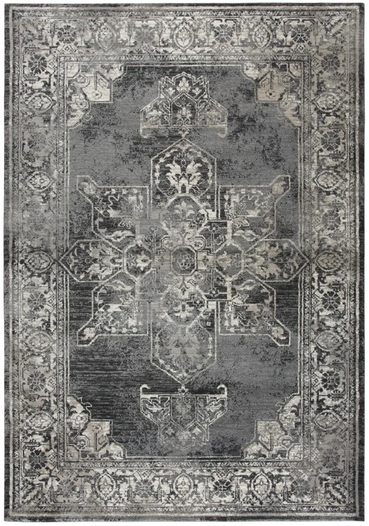 Panache Gray/Black Central Medallion Distress  Polypropylene 5'3" x 7'6" Rectangle Rug