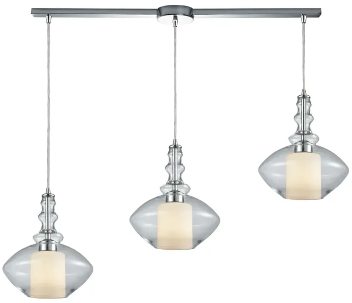 Alora 3-Light Linear Mini Pendant Fixture in Chrome with Clear and Opal White Glass