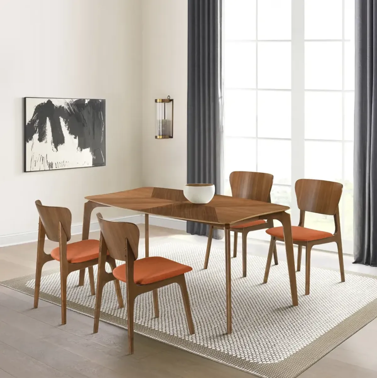 Kalia Wood Dining Chair in Walnut Finish with Orange Fabric - Set of 2