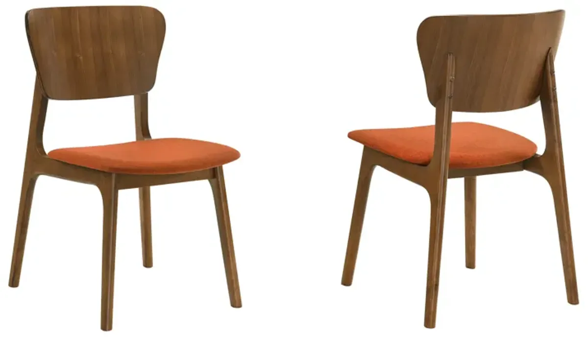 Kalia Wood Dining Chair in Walnut Finish with Orange Fabric - Set of 2