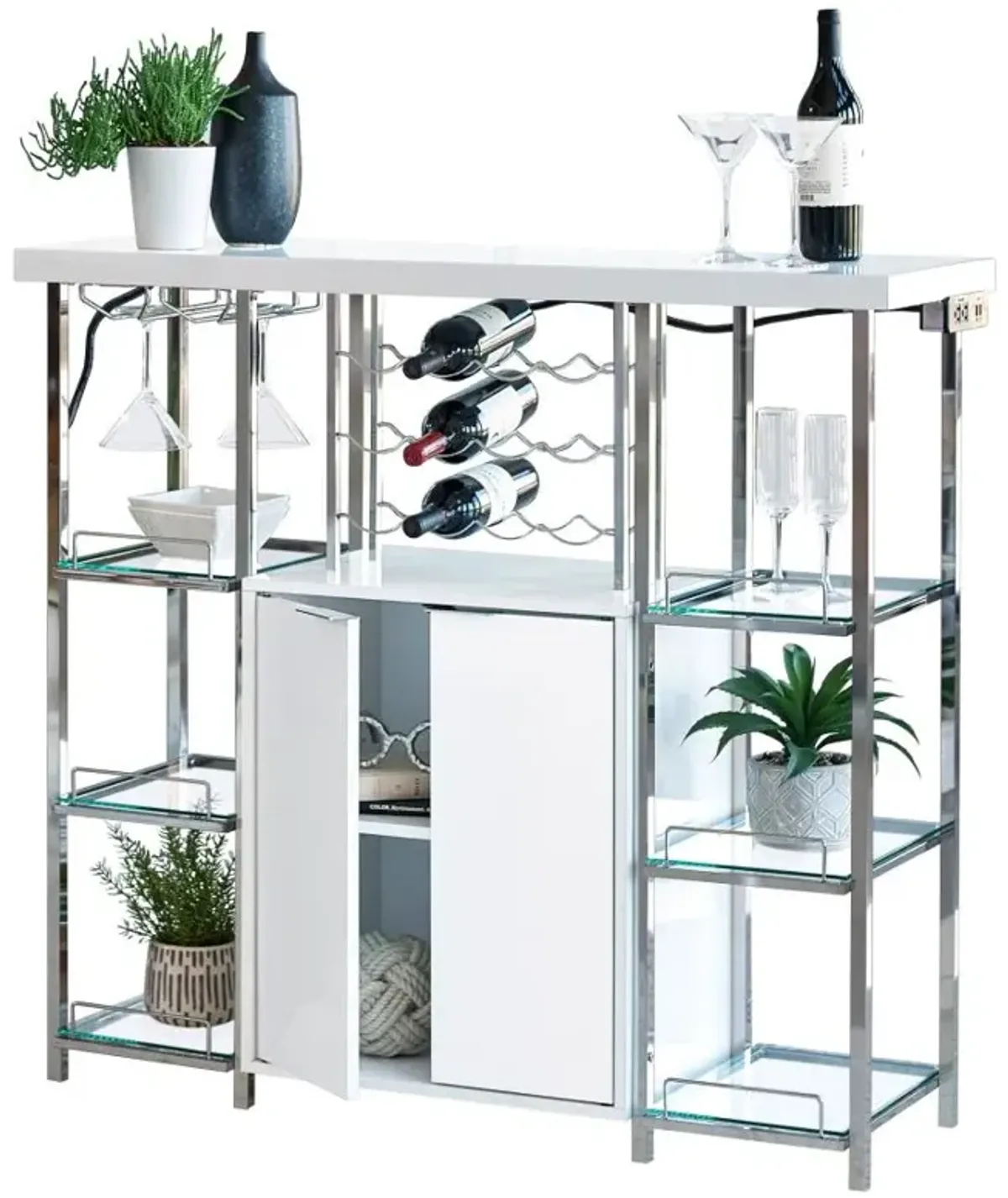 Gallimore 2-door Bar Cabinet with Glass Shelf High Glossy White and Chrome