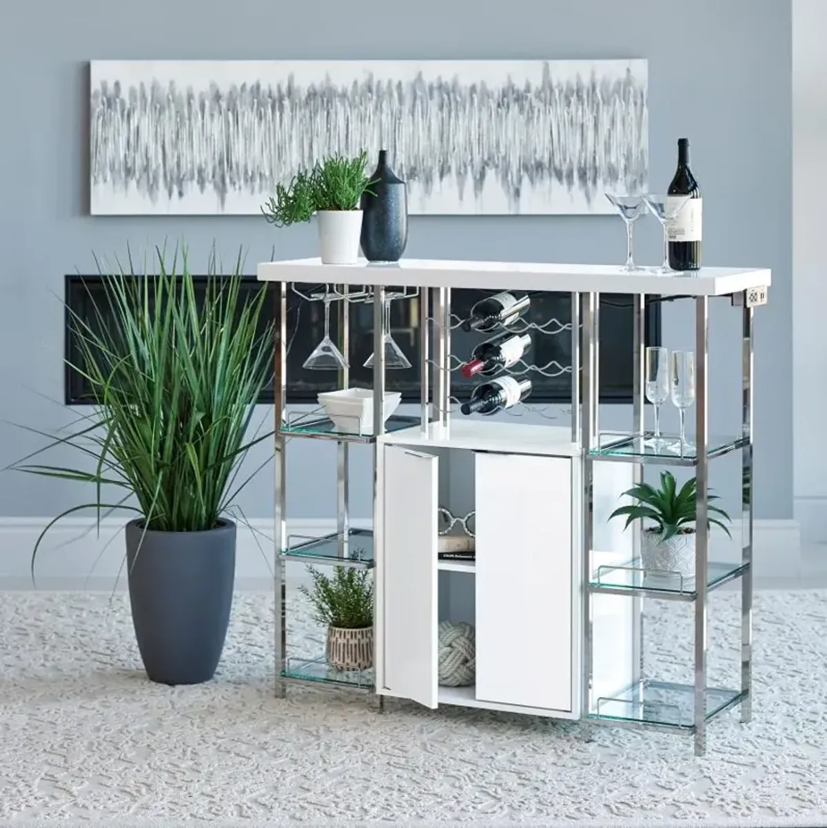 Gallimore 2-door Bar Cabinet with Glass Shelf High Glossy White and Chrome