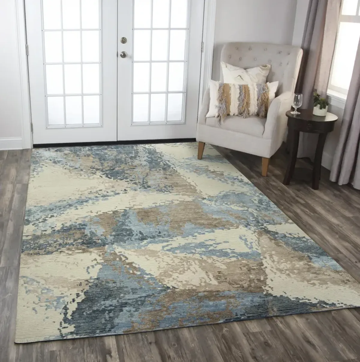 Finesse Beige/Blue Abstract Hand Spun New Zealand Wool/Tencel 10' x 14' Rectangle Rug