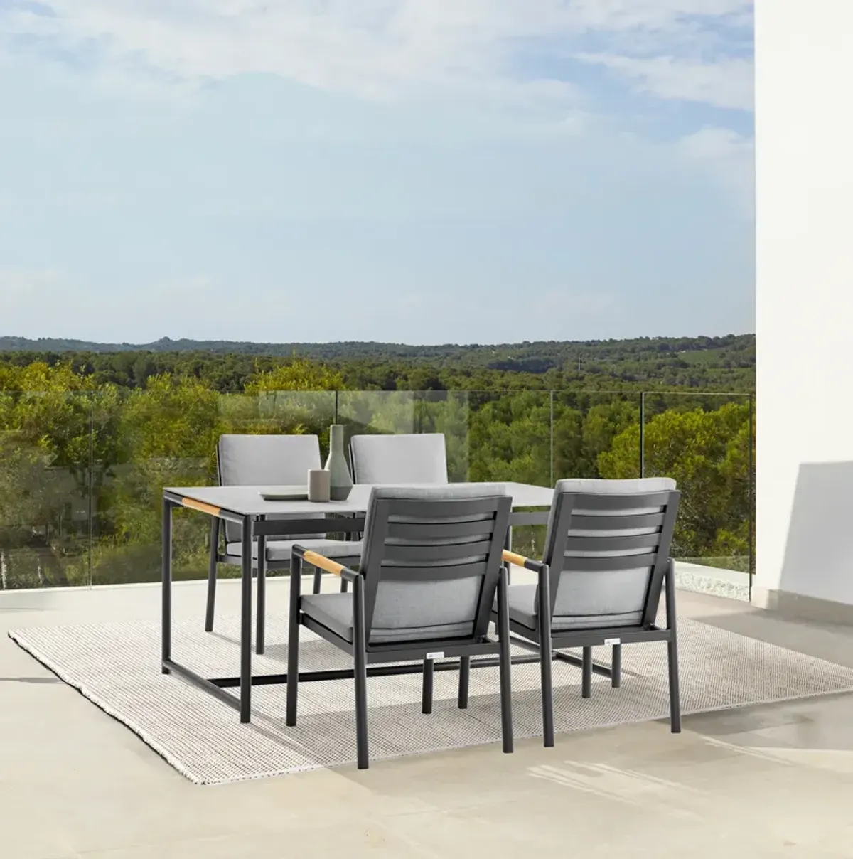 Royal 5 Piece Black Aluminum and Teak Outdoor Dining Set with Dark Gray Fabric