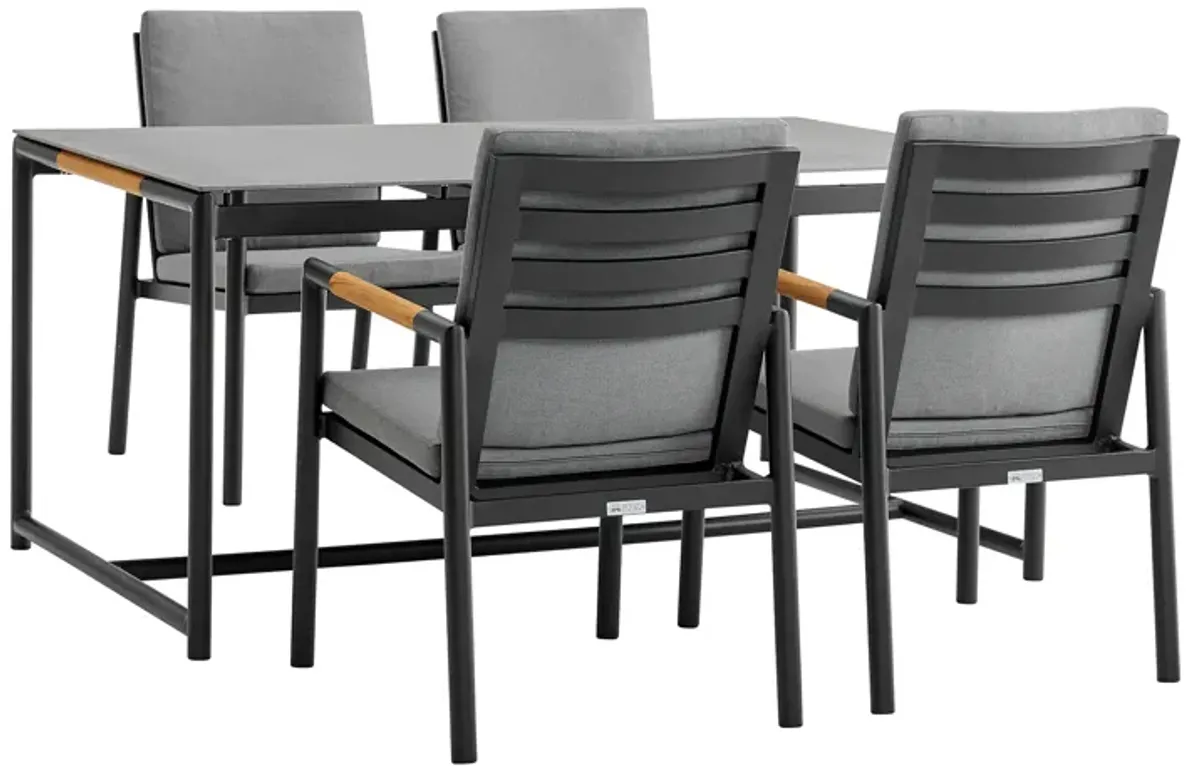 Royal 5 Piece Black Aluminum and Teak Outdoor Dining Set with Dark Gray Fabric