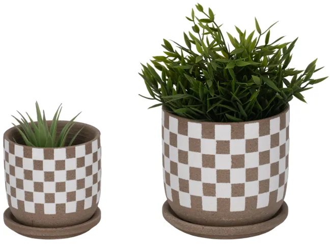 S/2 5/6" Checkerboard Saucer Planters, White/tan