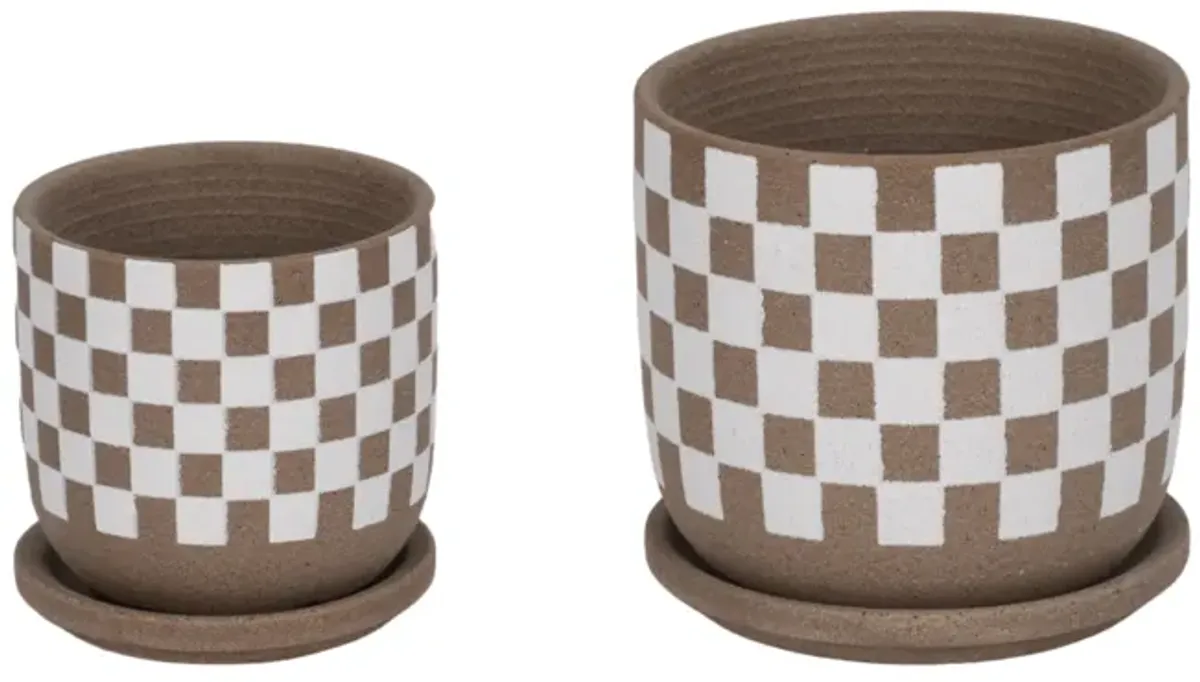 S/2 5/6" Checkerboard Saucer Planters, White/tan