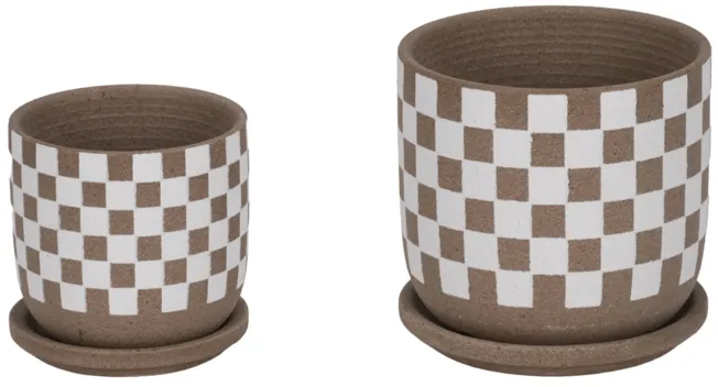 S/2 5/6" Checkerboard Saucer Planters, White/tan