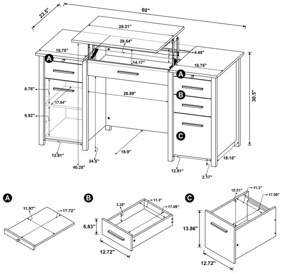 Dylan 4-drawer Lift Top Office Desk