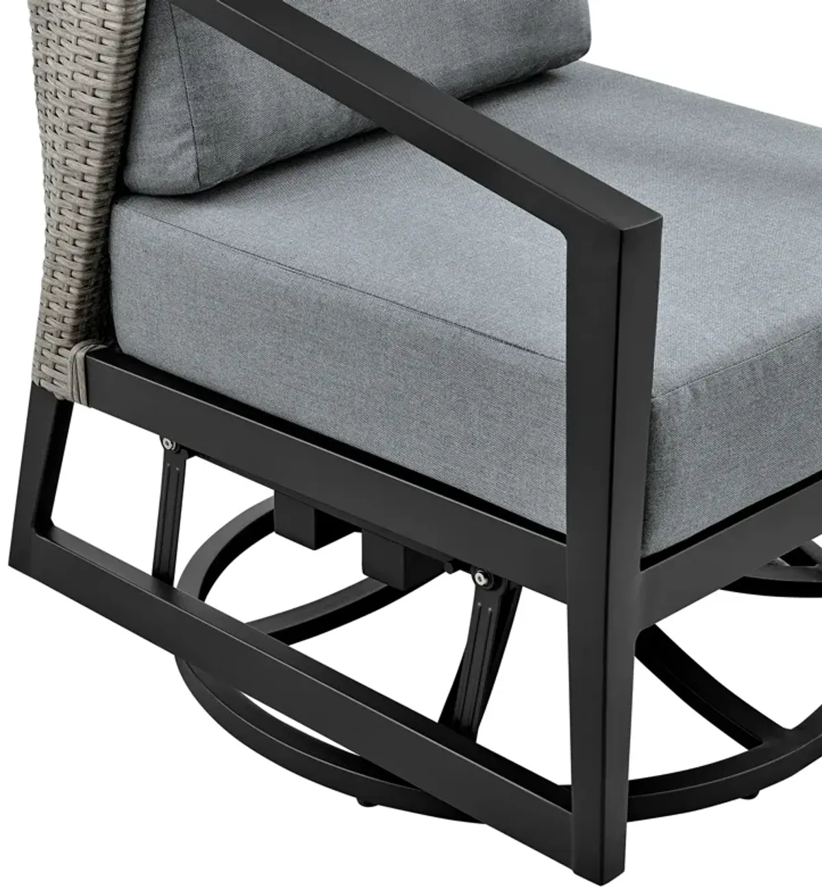 Aileen 3 Piece Patio Outdoor Swivel Seating Set in Black Aluminum with Gray Wicker and Cushions