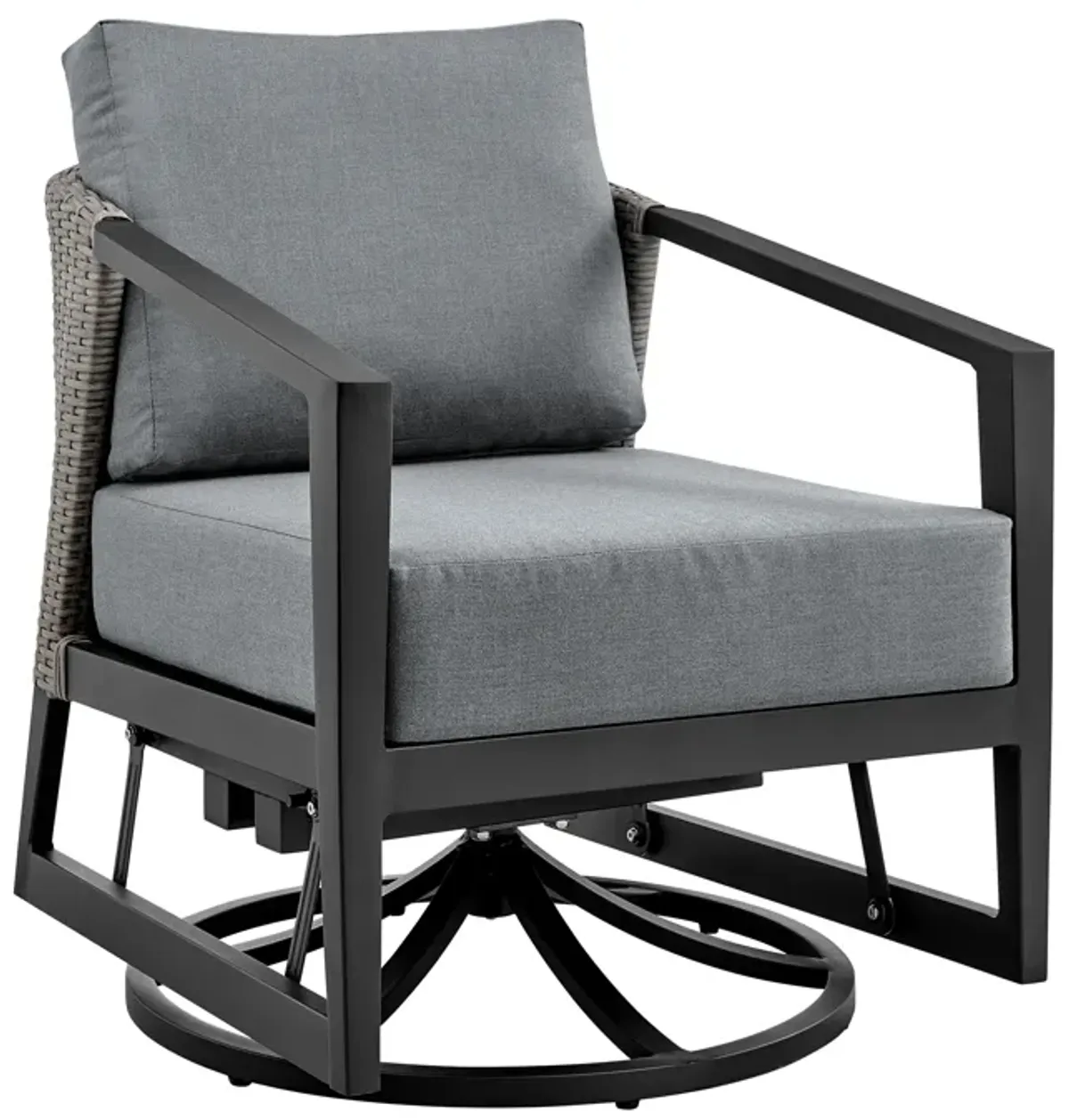 Aileen 3 Piece Patio Outdoor Swivel Seating Set in Black Aluminum with Gray Wicker and Cushions