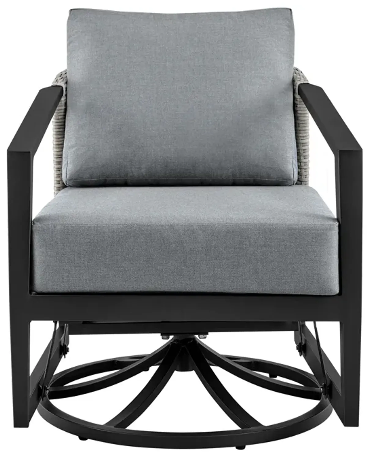 Aileen 3 Piece Patio Outdoor Swivel Seating Set in Black Aluminum with Gray Wicker and Cushions