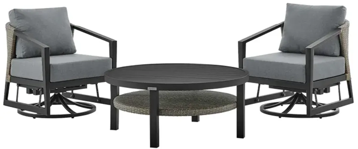 Aileen 3 Piece Patio Outdoor Swivel Seating Set in Black Aluminum with Gray Wicker and Cushions