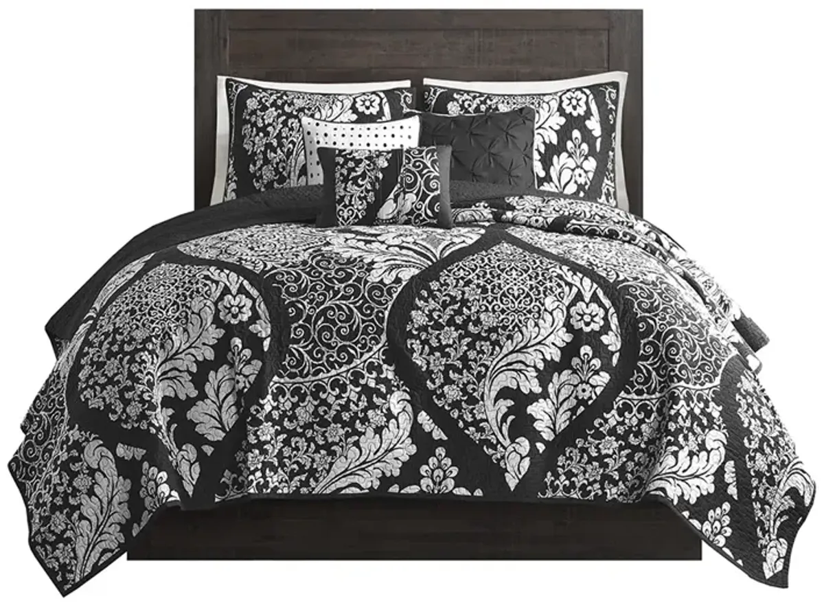 Madison Park Vienna Black 6 Piece Printed Cotton Quilt Set with Throw Pillows