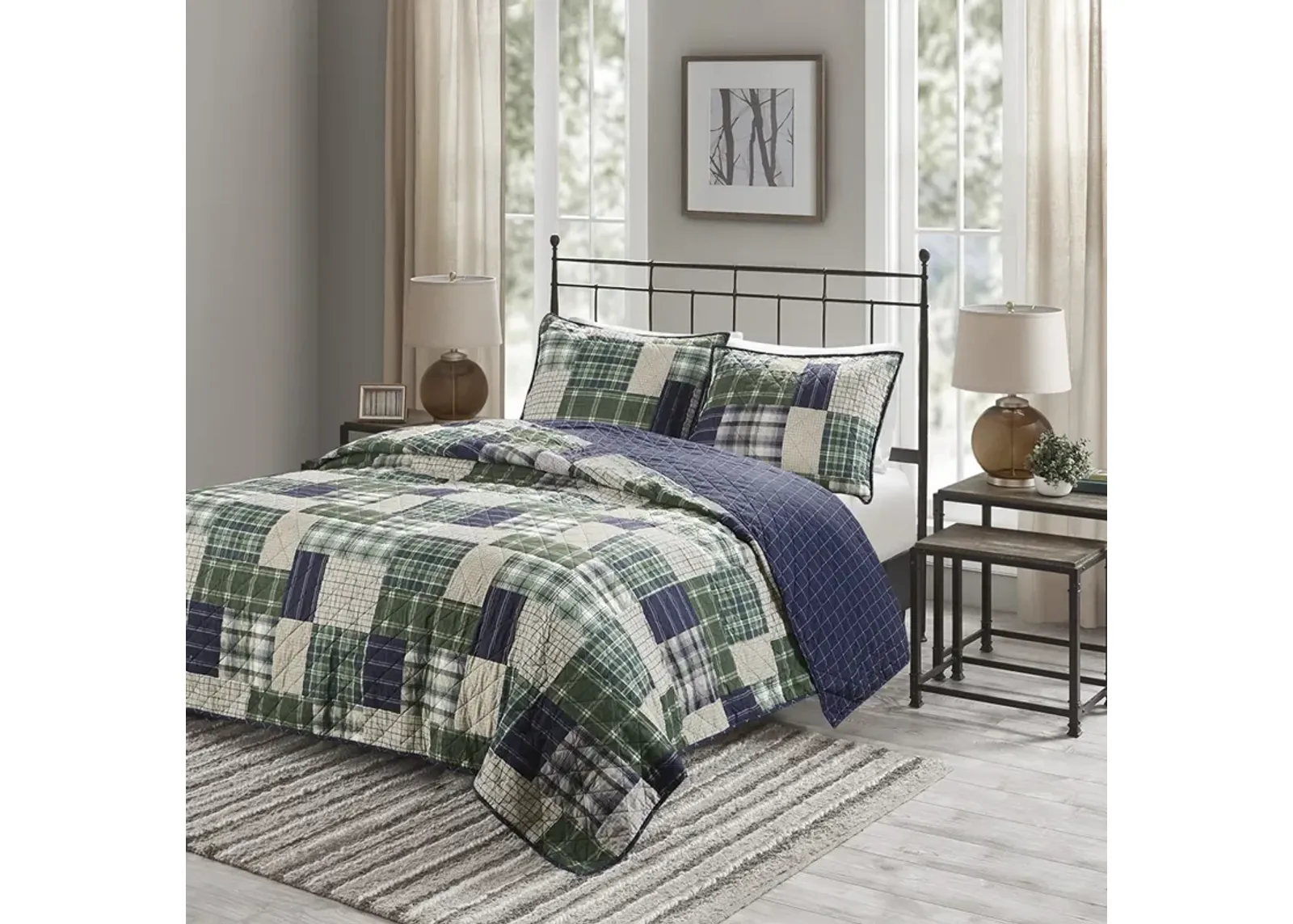 Madison Park Timber Green / Navy 3 Piece Reversible Printed Quilt Set