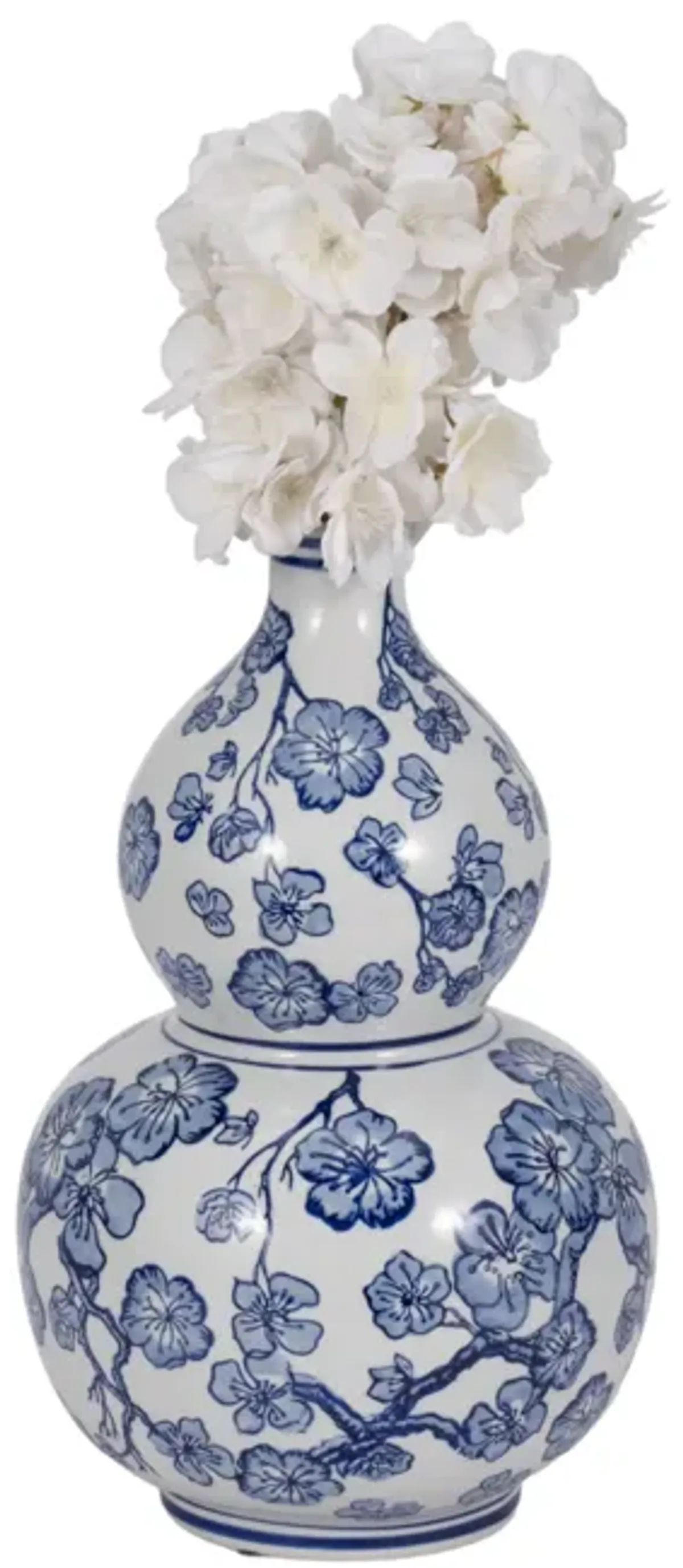 13" Cherry Blossom Chinoiserie Gourd Vase, Blue/wh