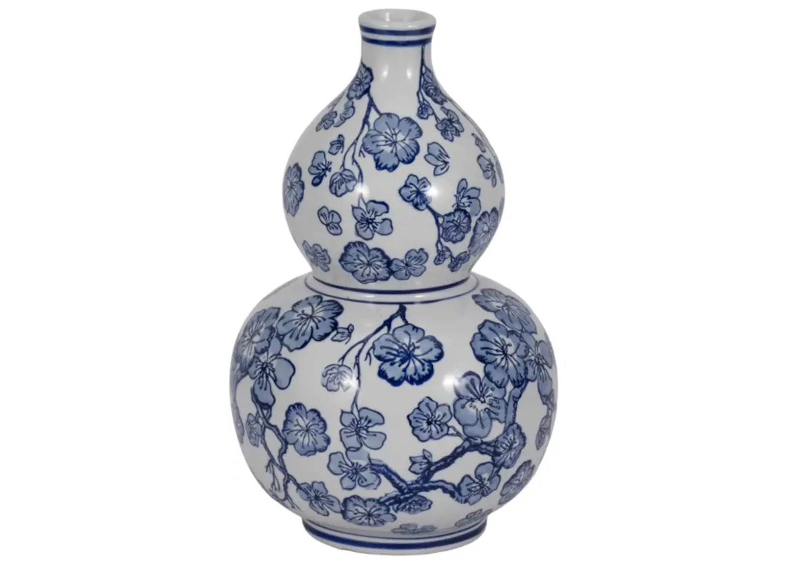 13" Cherry Blossom Chinoiserie Gourd Vase, Blue/wh