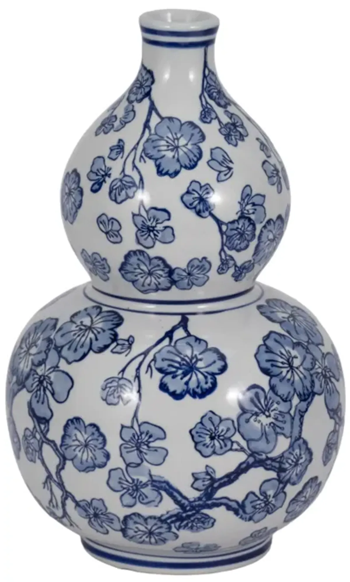 13" Cherry Blossom Chinoiserie Gourd Vase, Blue/wh