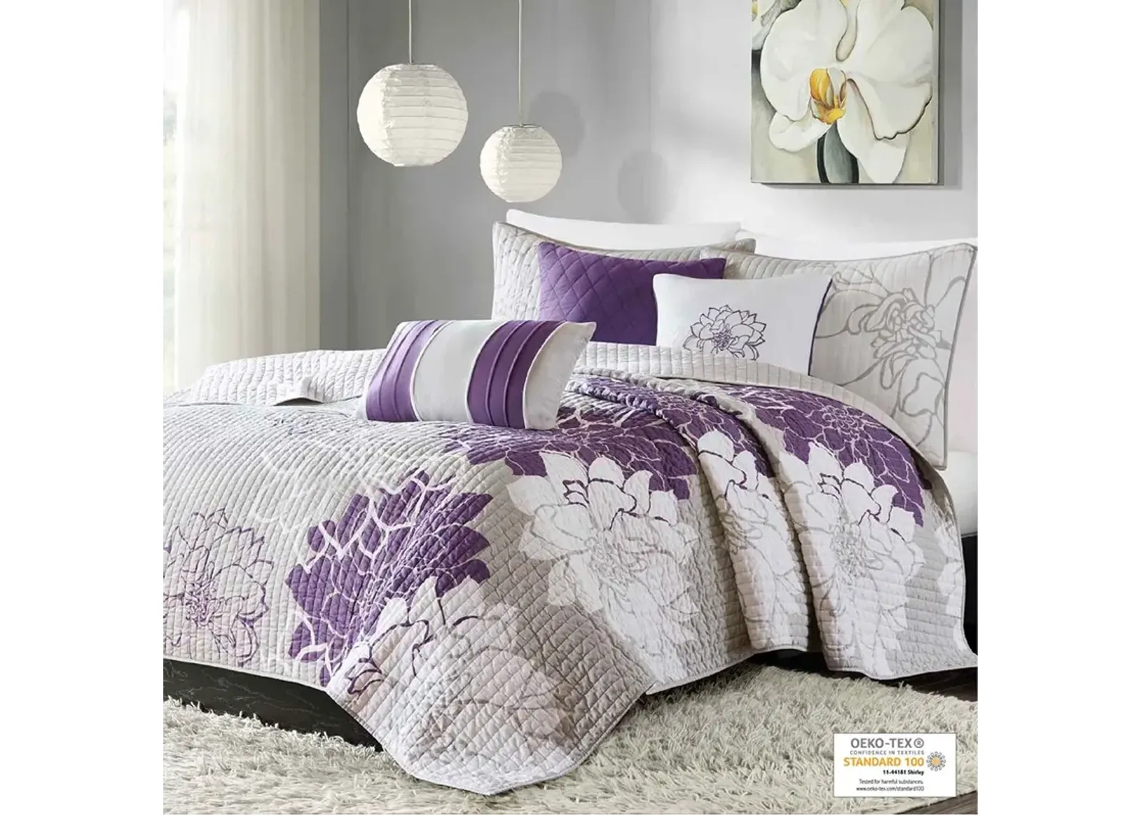 Madison Park Lola Purple 6 Piece Printed Cotton Quilt Set with Throw Pillows