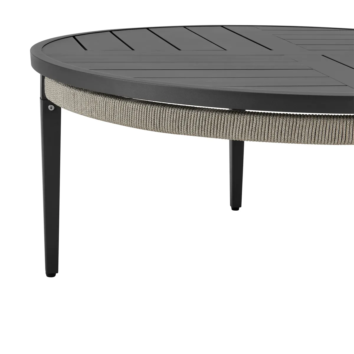 Zella Round Coffee Table in Aluminum with Charcoal Finish and Light Gray Rope