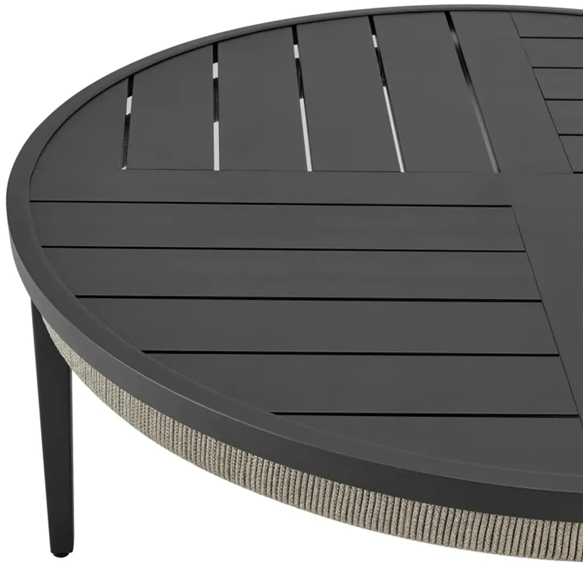 Zella Round Coffee Table in Aluminum with Charcoal Finish and Light Gray Rope