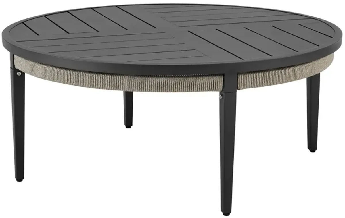 Zella Round Coffee Table in Aluminum with Charcoal Finish and Light Gray Rope