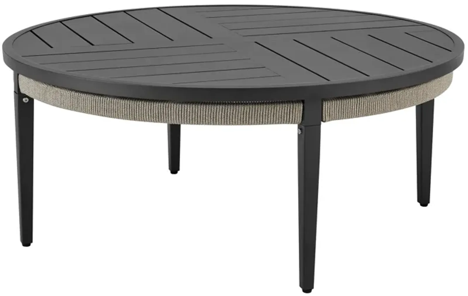 Zella Round Coffee Table in Aluminum with Charcoal Finish and Light Gray Rope