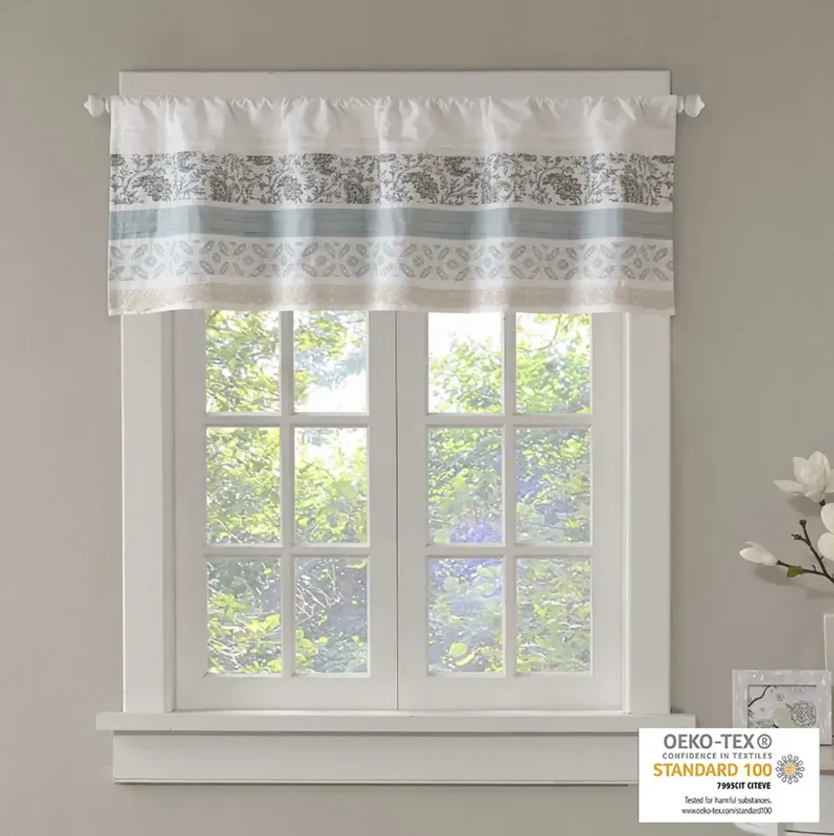 Madison Park Dawn Aqua Printed and Pieced Rod Pocket Valance