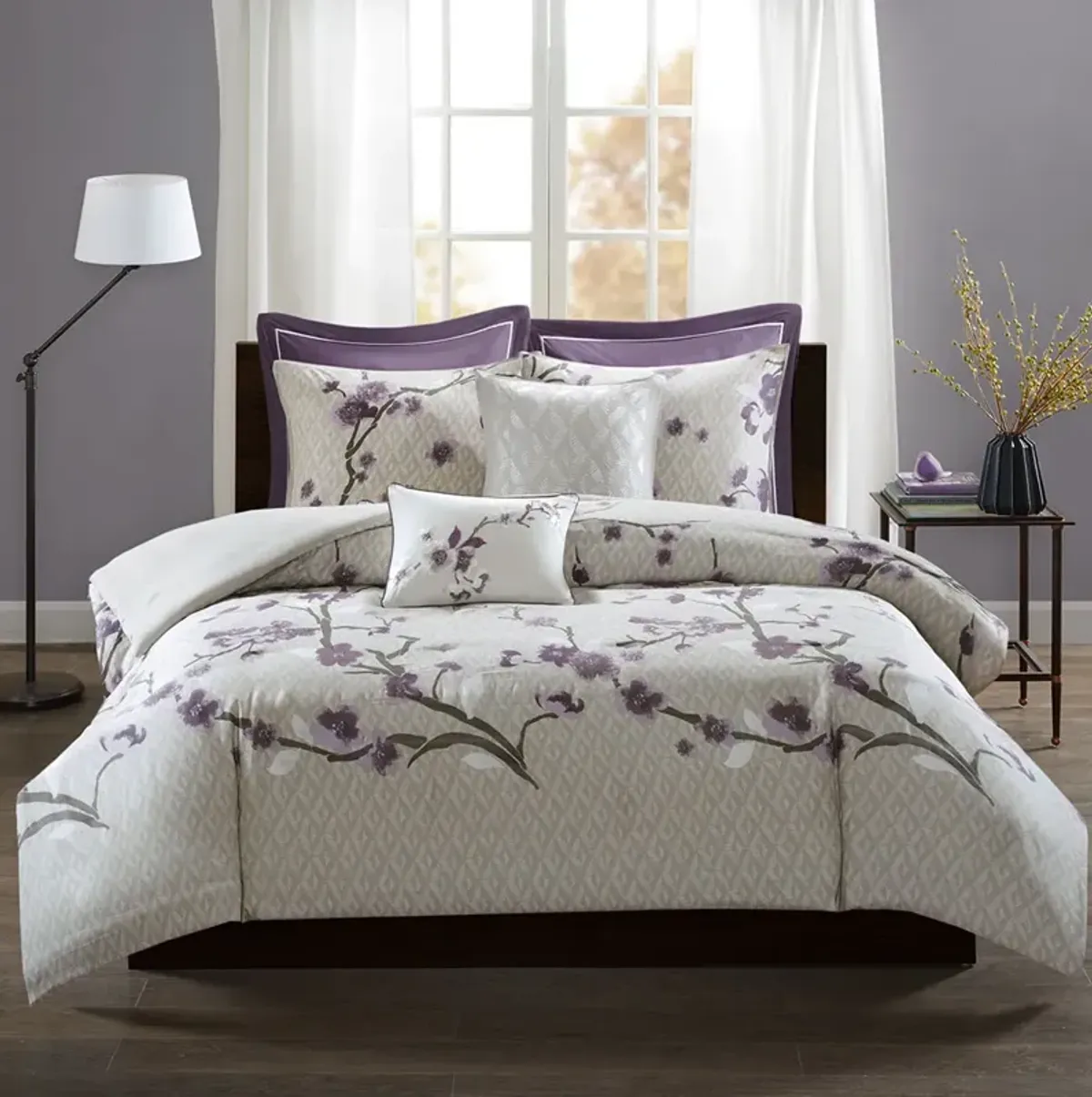 Madison Park Holly Purple/Taupe 7 Piece Cotton Duvet Cover Set